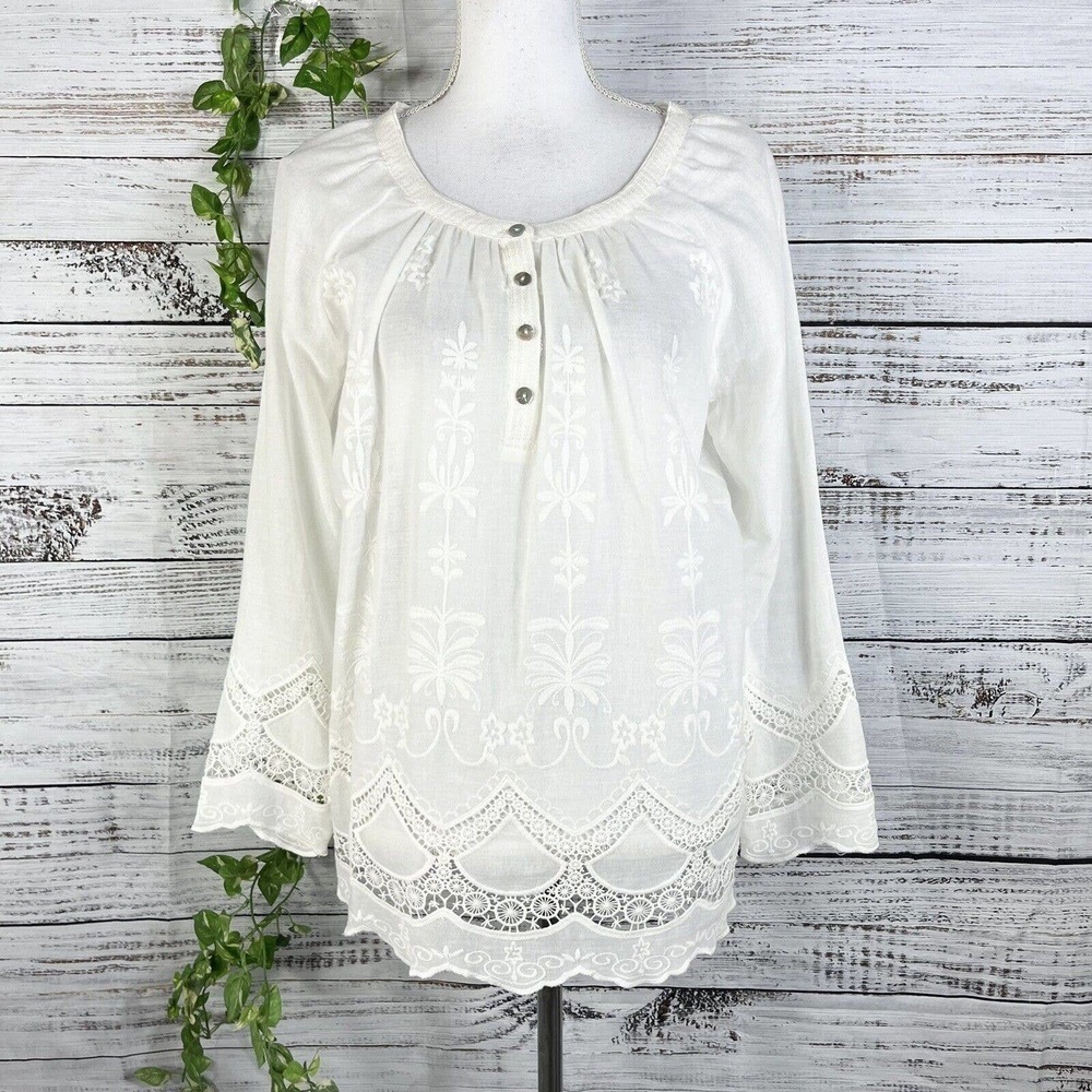 Krazy Kate Tunic Blouse sz Small White Floral Embroidery Lace Lagenlook Wedding